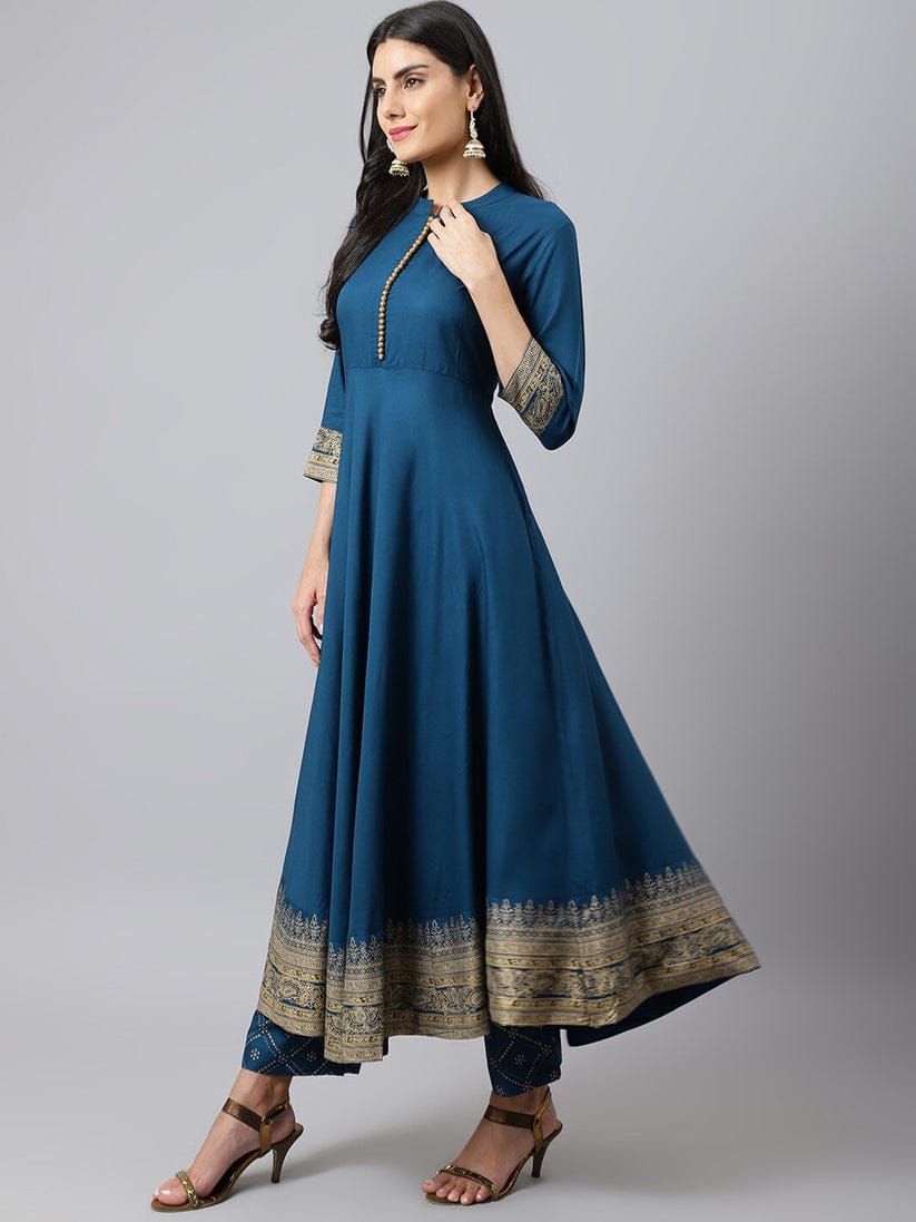 Teal Blue Anarkali Suit Set with Gold Detailing and Dupatta