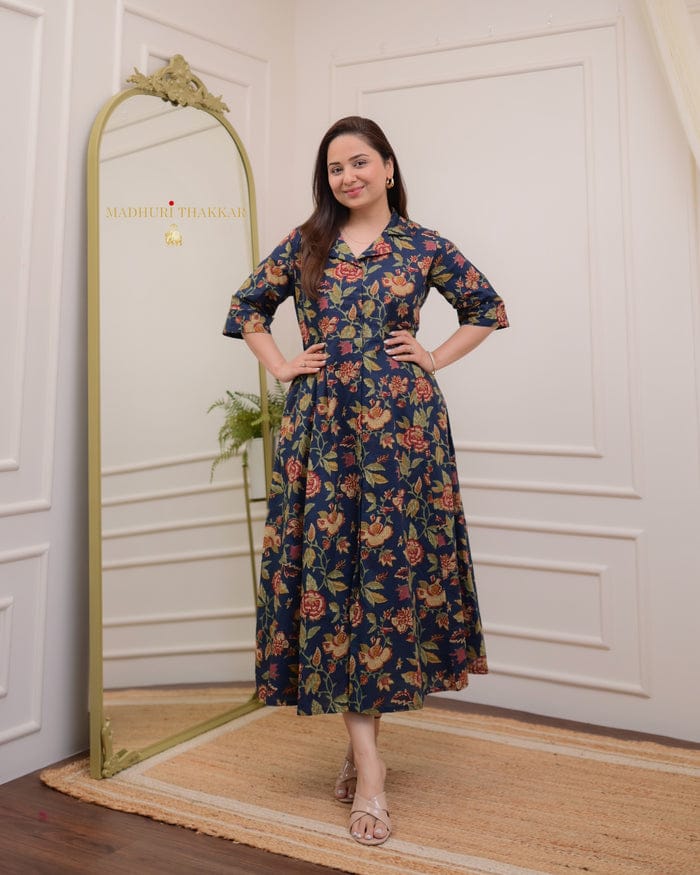 Elegant Navy Blue Floral A-Line Midi Dress