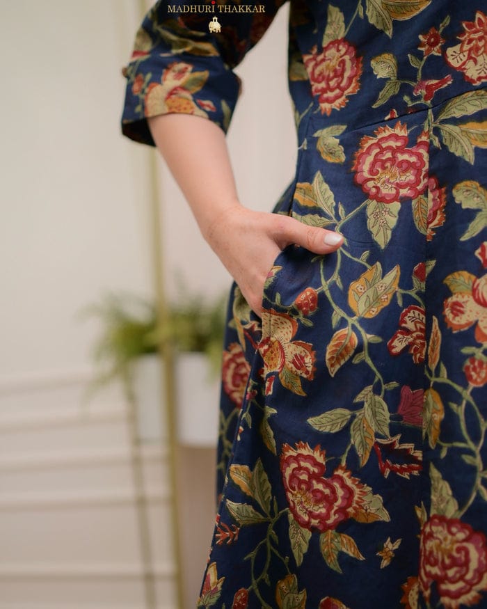 Elegant Navy Blue Floral A-Line Midi Dress