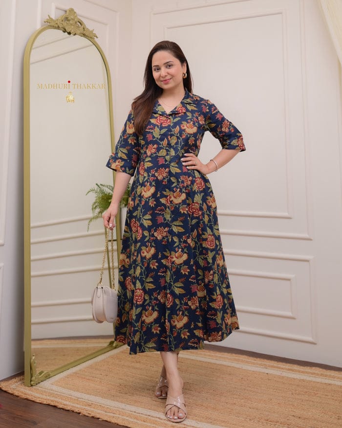 Elegant Navy Blue Floral A-Line Midi Dress