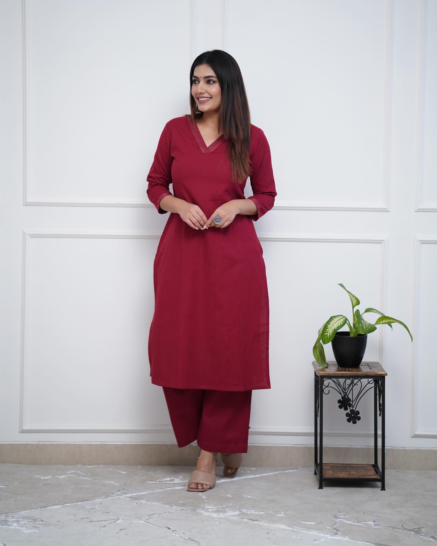 Wine Kurta Set with V-Neck Design