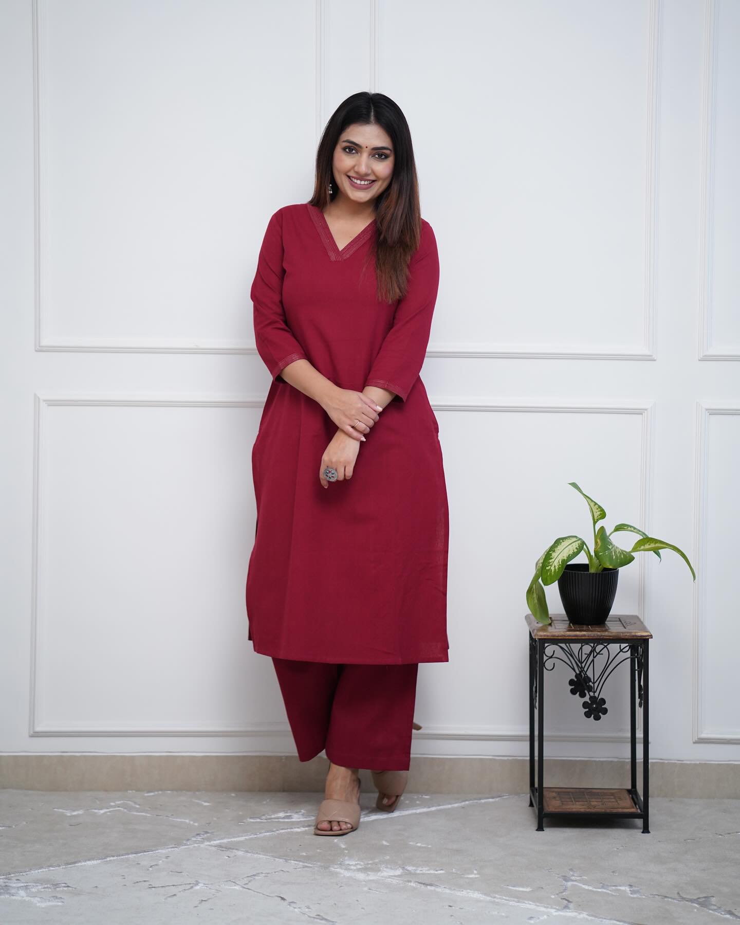 Wine Kurta Set with V-Neck Design