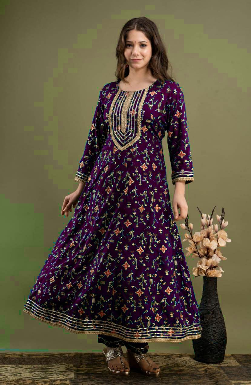 Wine Floral Embroidered Anarkali Suit Set with Golden Detailing