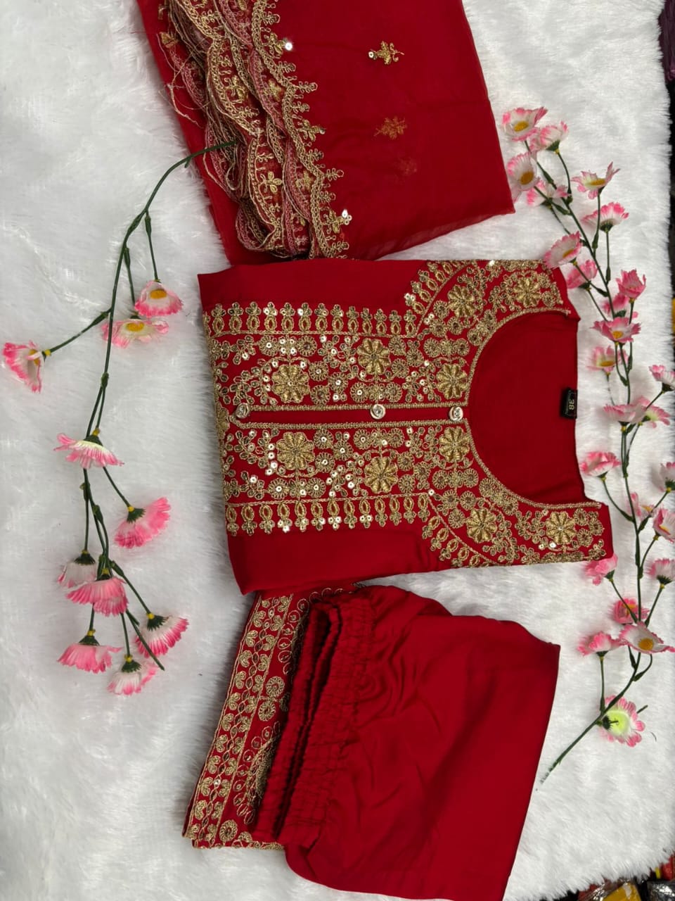 Red Silk Embroidered Kurta Set with Dupatta