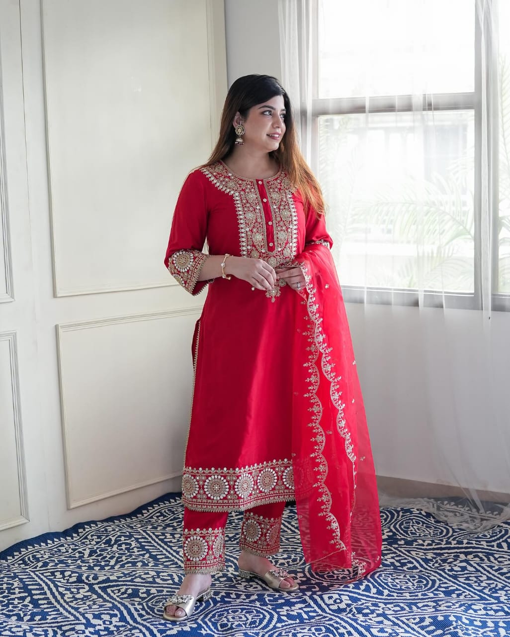 Red Silk Embroidered Kurta Set with Dupatta