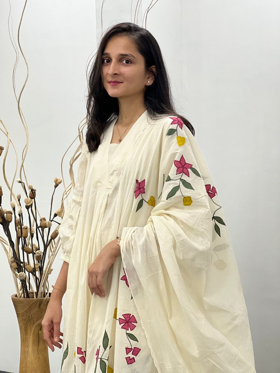 White Floral Painted Kurta Set with Hand Printed Dupatta