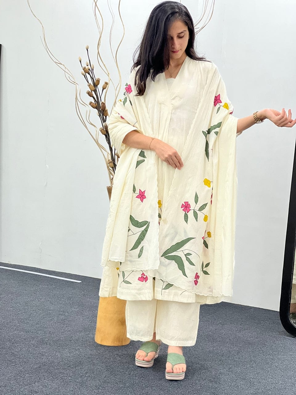 White Floral Painted Kurta Set with Hand Printed Dupatta