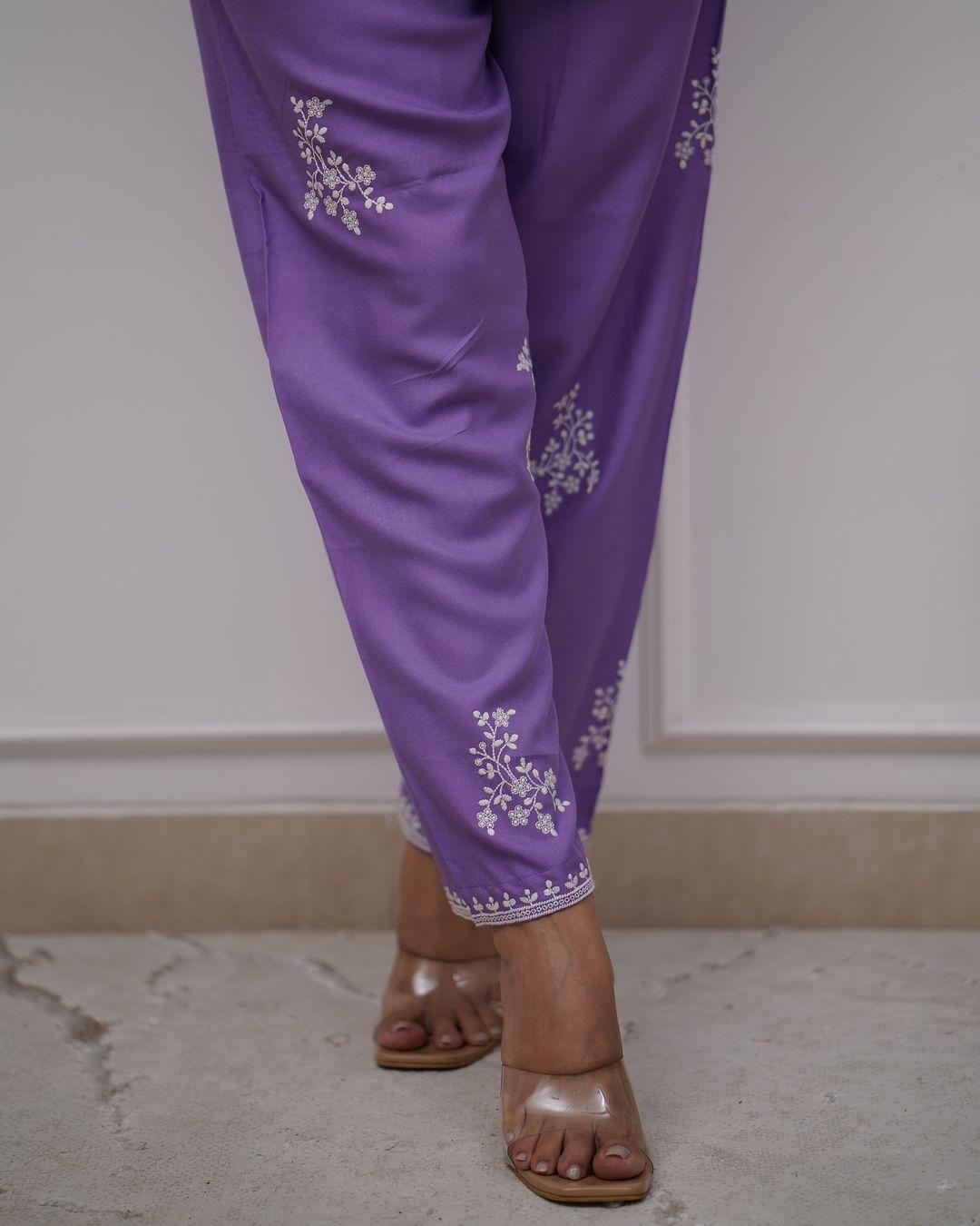 Purple Embroidered Co-Ord Set with Floral Details