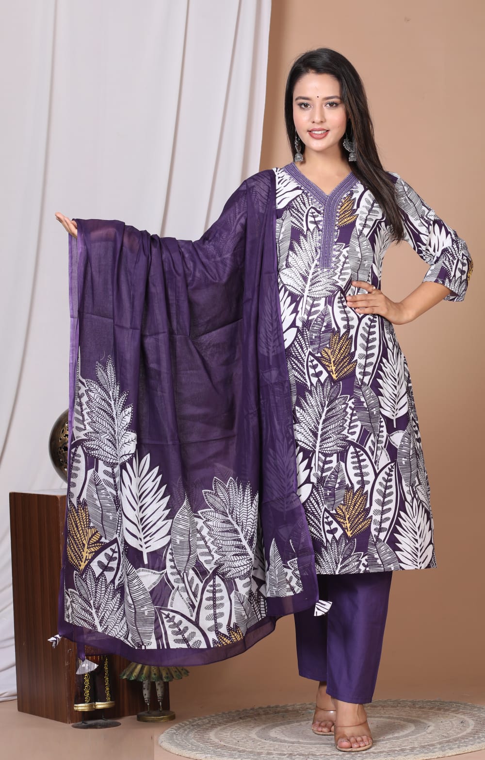 Purple Ethnic Leaf Print Kurta Set with Dupatta