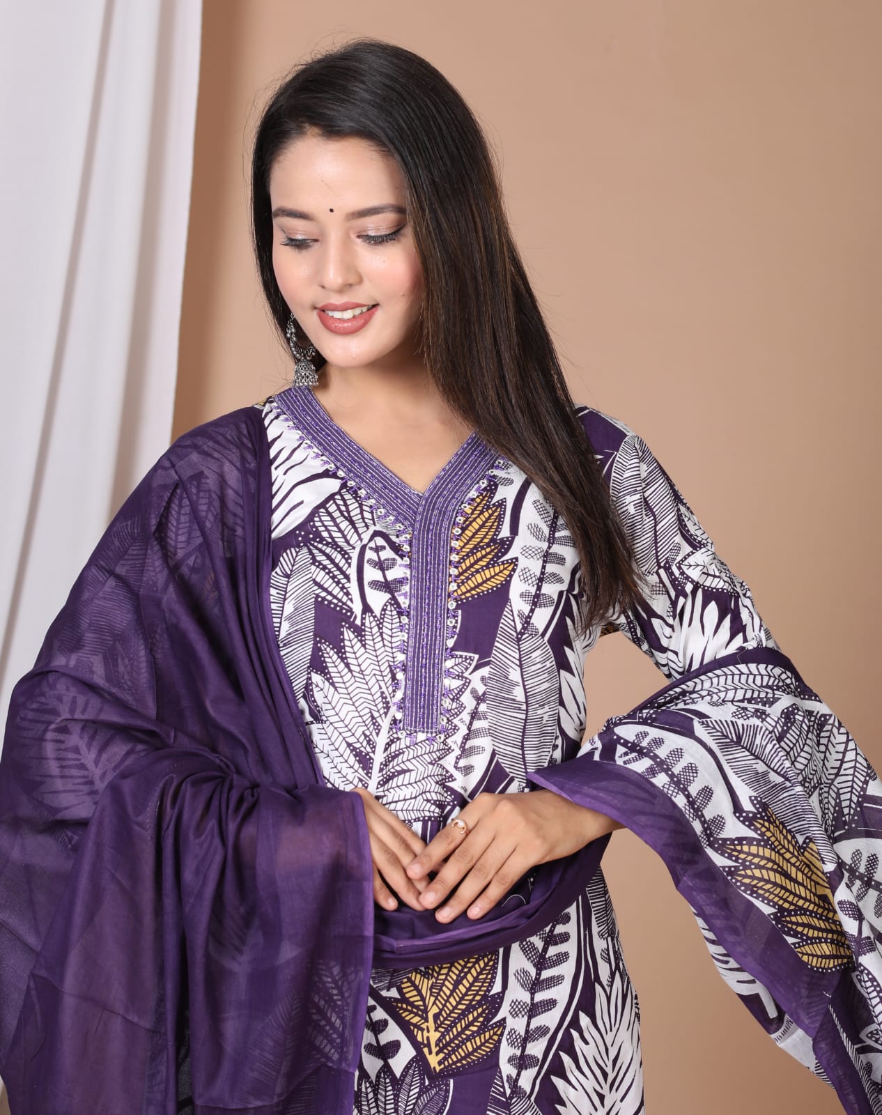 Purple Ethnic Leaf Print Kurta Set with Dupatta