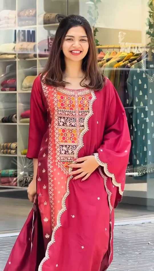 Maroon Muslin Suit Set with Hand Embroidery & Zari Weaving