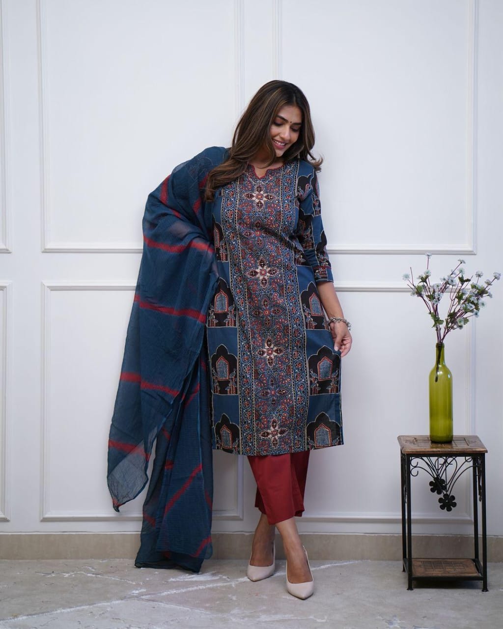 Navy Blue Printed Kurta Set with Dupatta and Red Pants