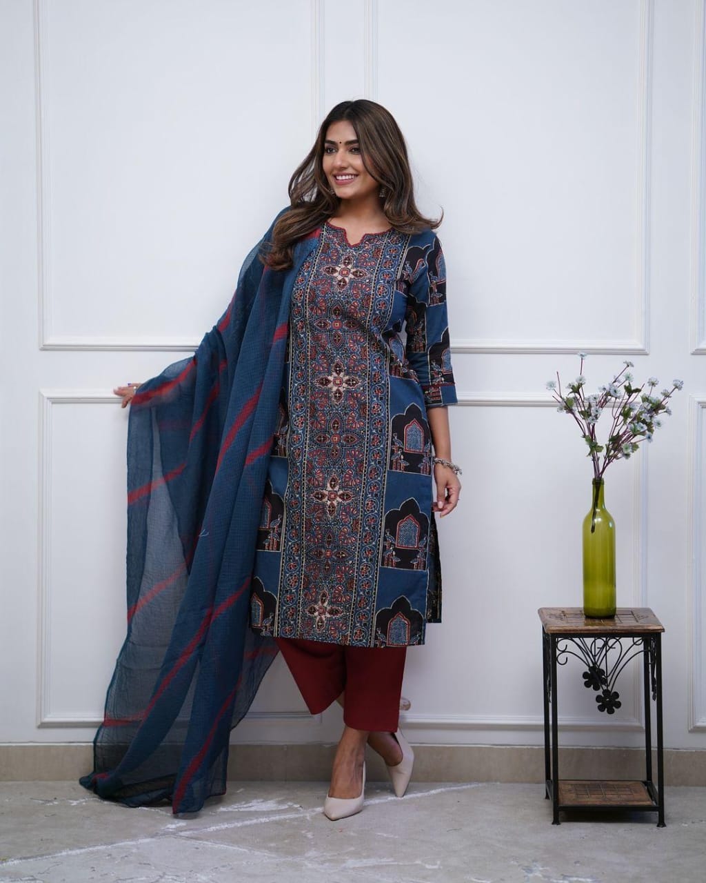 Navy Blue Printed Kurta Set with Dupatta and Red Pants