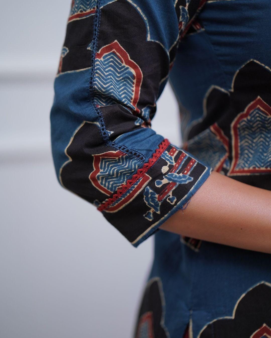 Navy Blue Printed Kurta Set with Dupatta and Red Pants