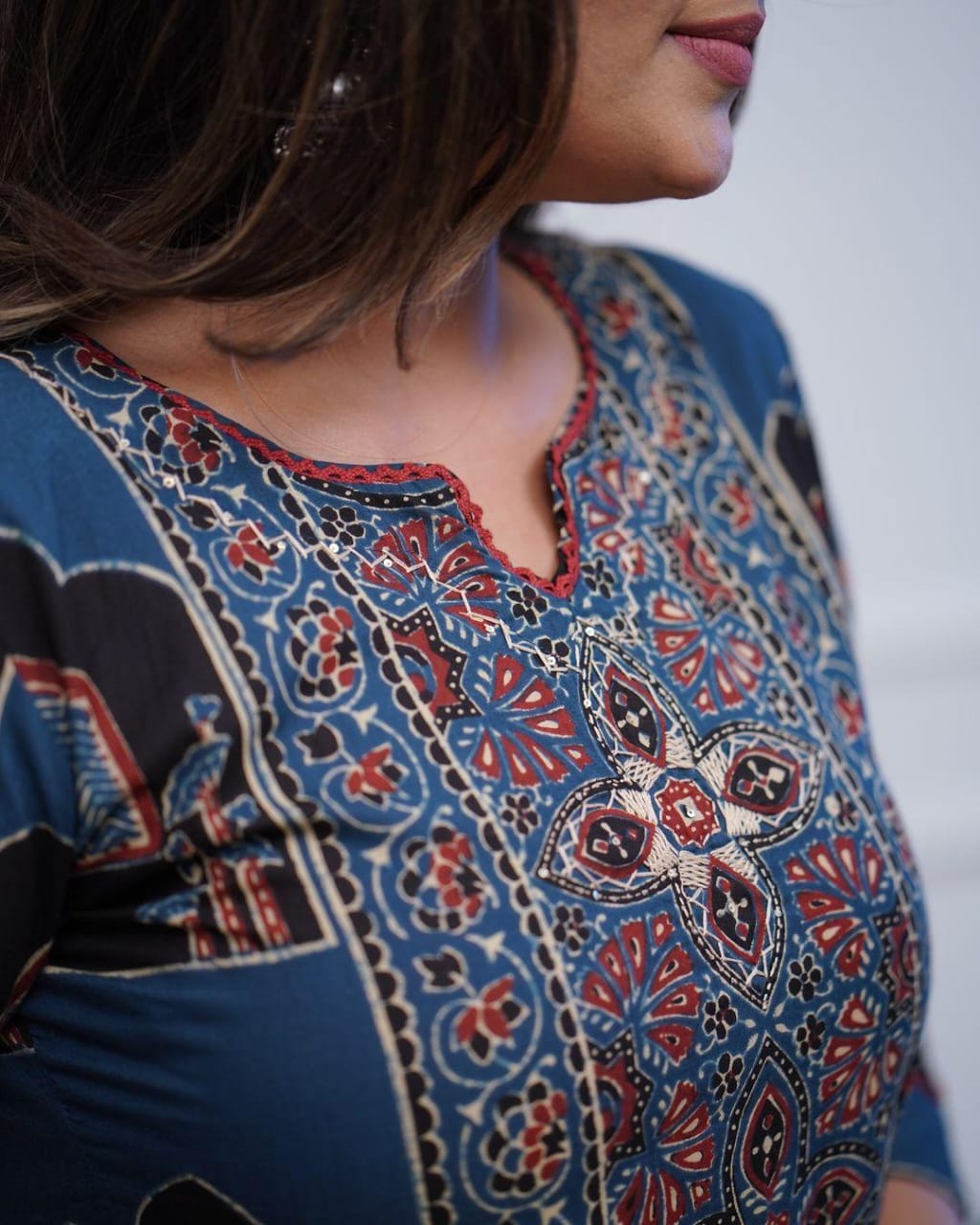 Navy Blue Printed Kurta Set with Dupatta and Red Pants