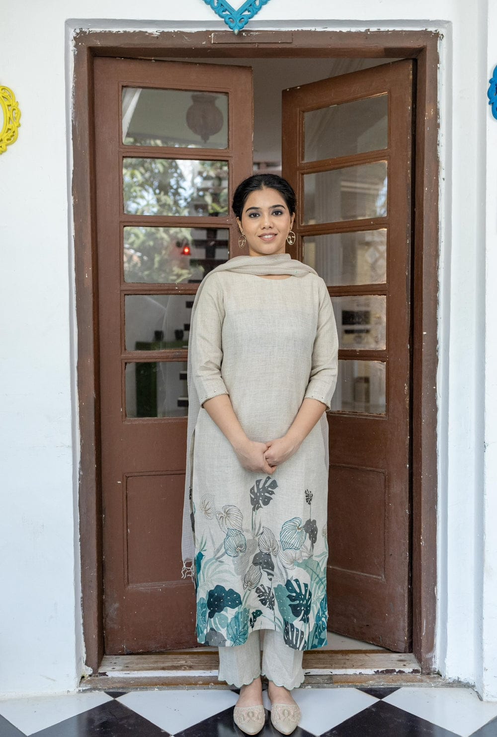 Beige Kurta Set with Hand-Painted Floral Elegance