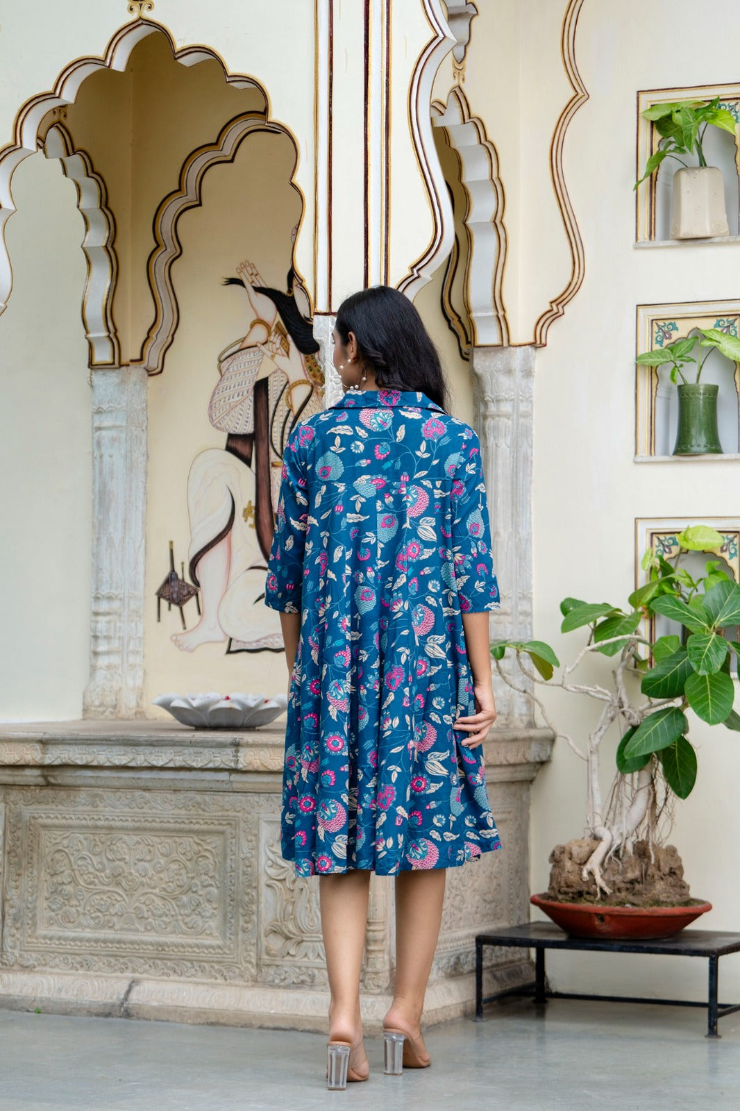 Blue Floral Printed Midi Dress