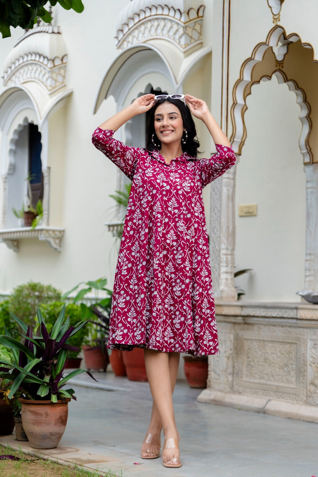 Magenta Floral Printed Midi Dress