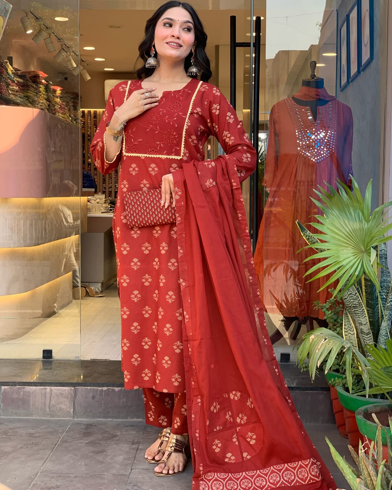 Rust Red Embroidered Cotton Kurta Set