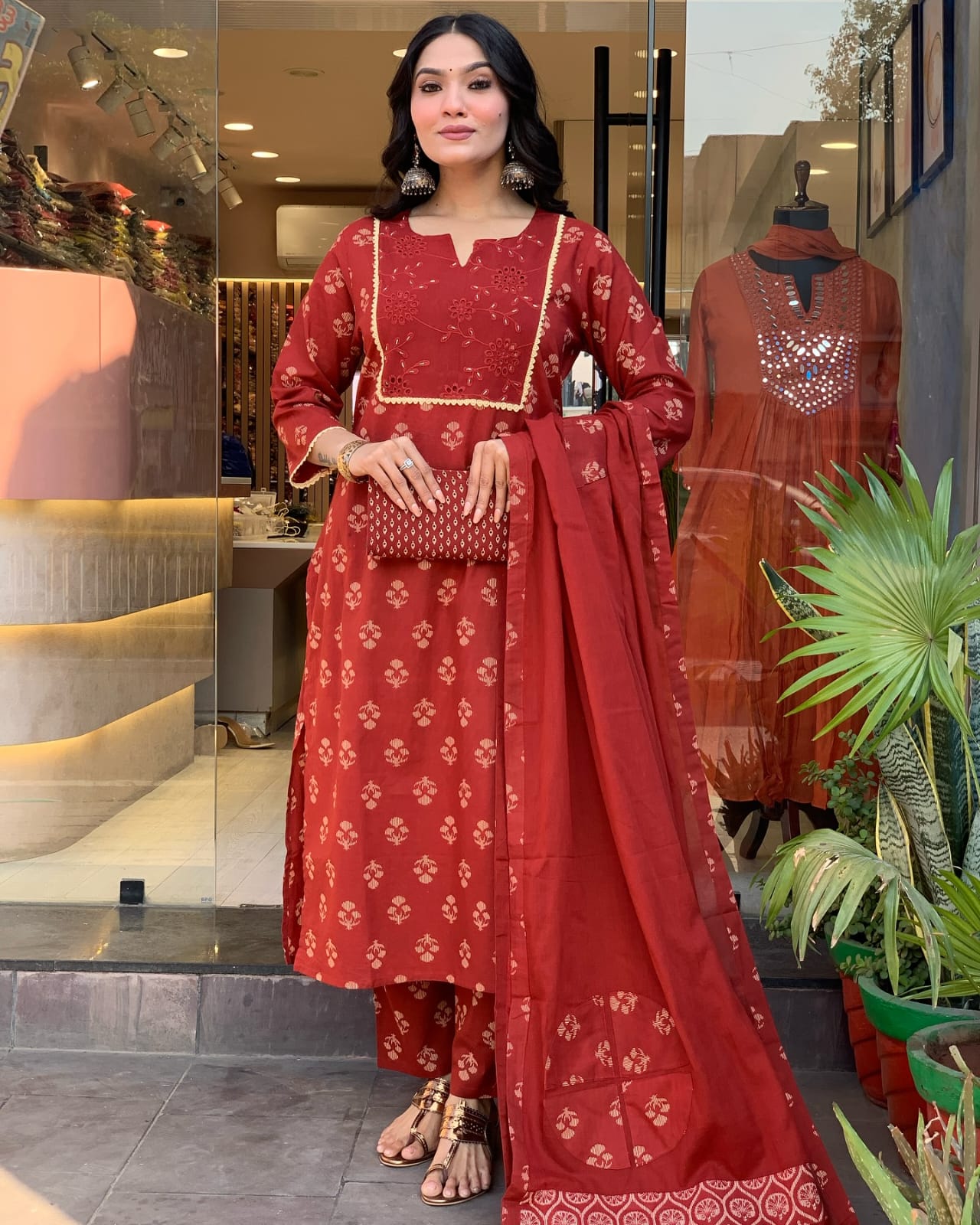 Rust Red Embroidered Cotton Kurta Set