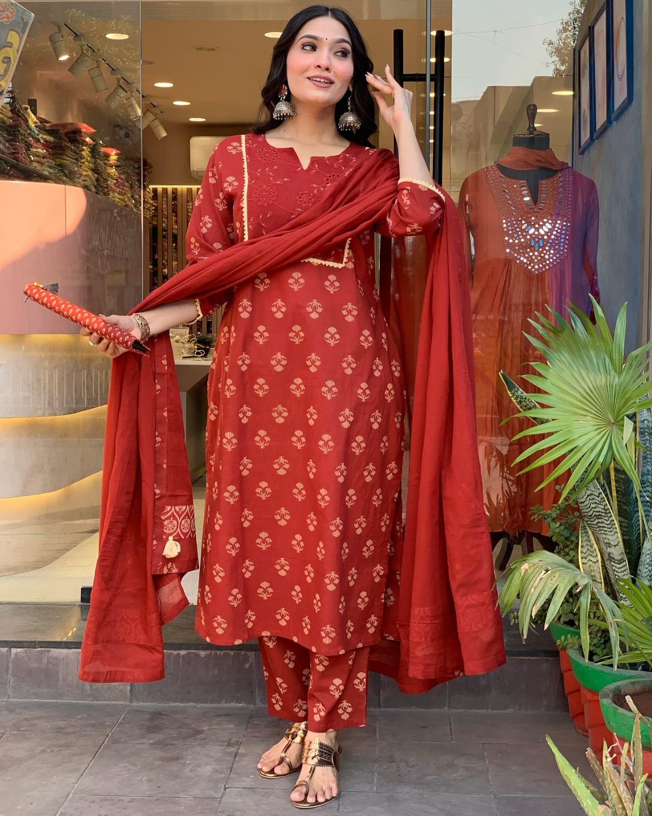 Rust Red Embroidered Cotton Kurta Set