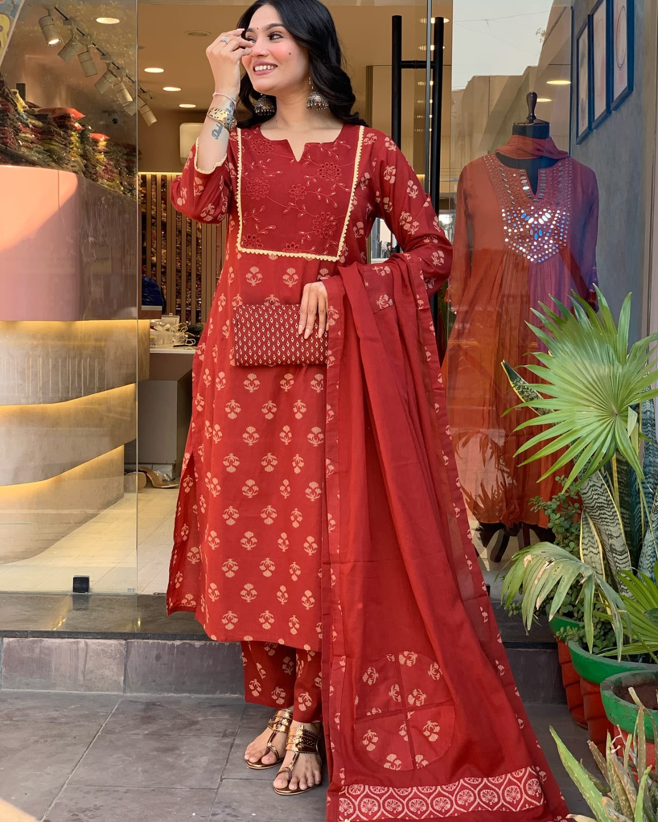 Rust Red Embroidered Cotton Kurta Set