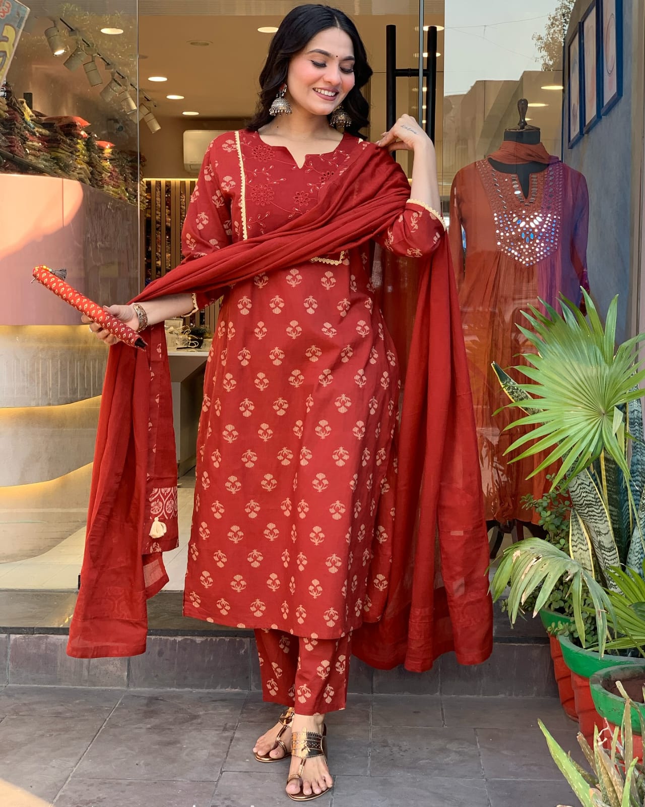 Rust Red Embroidered Cotton Kurta Set