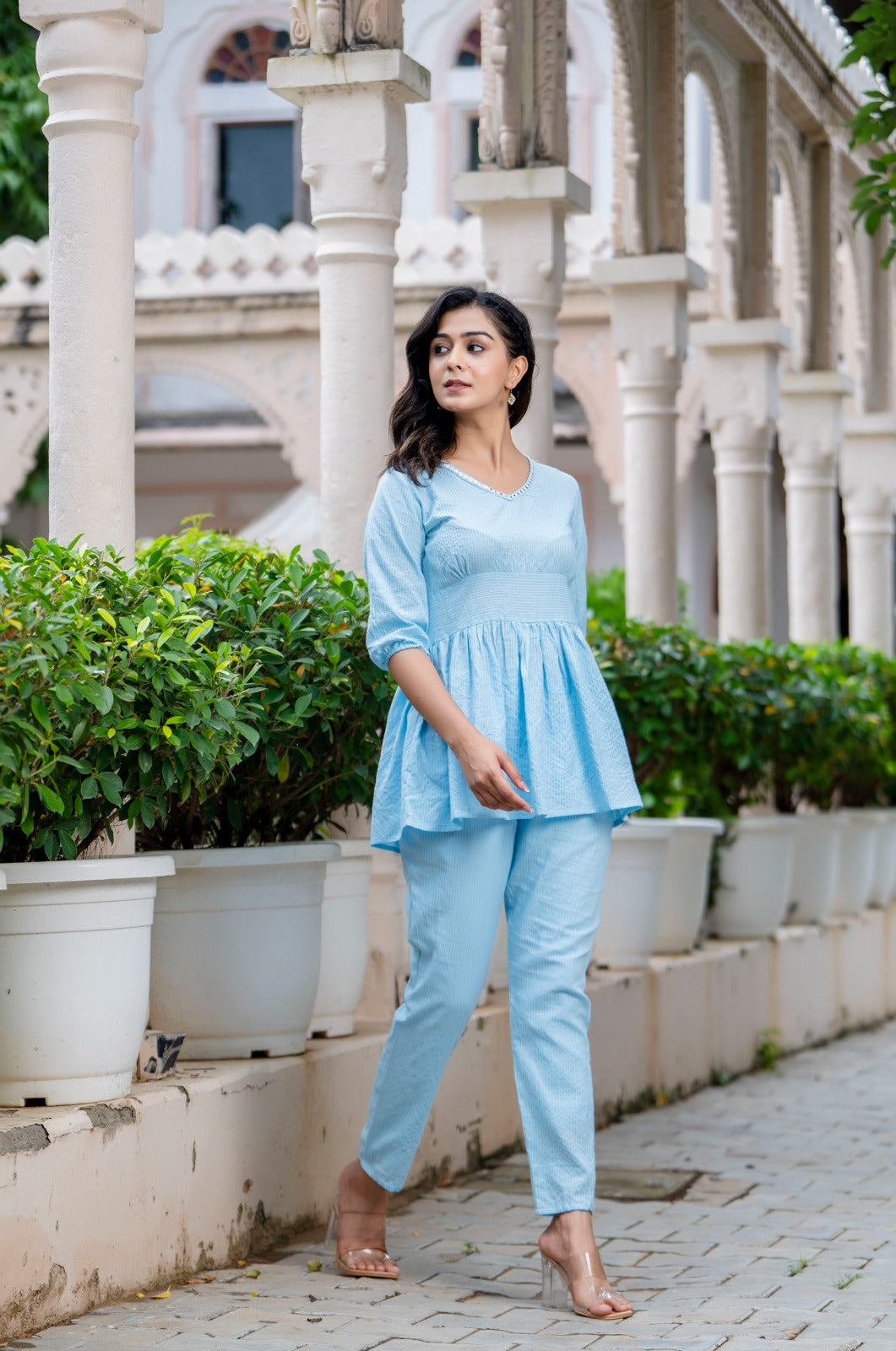 Sky Blue Striped Co-Ord Set with Peplum Top and Pants