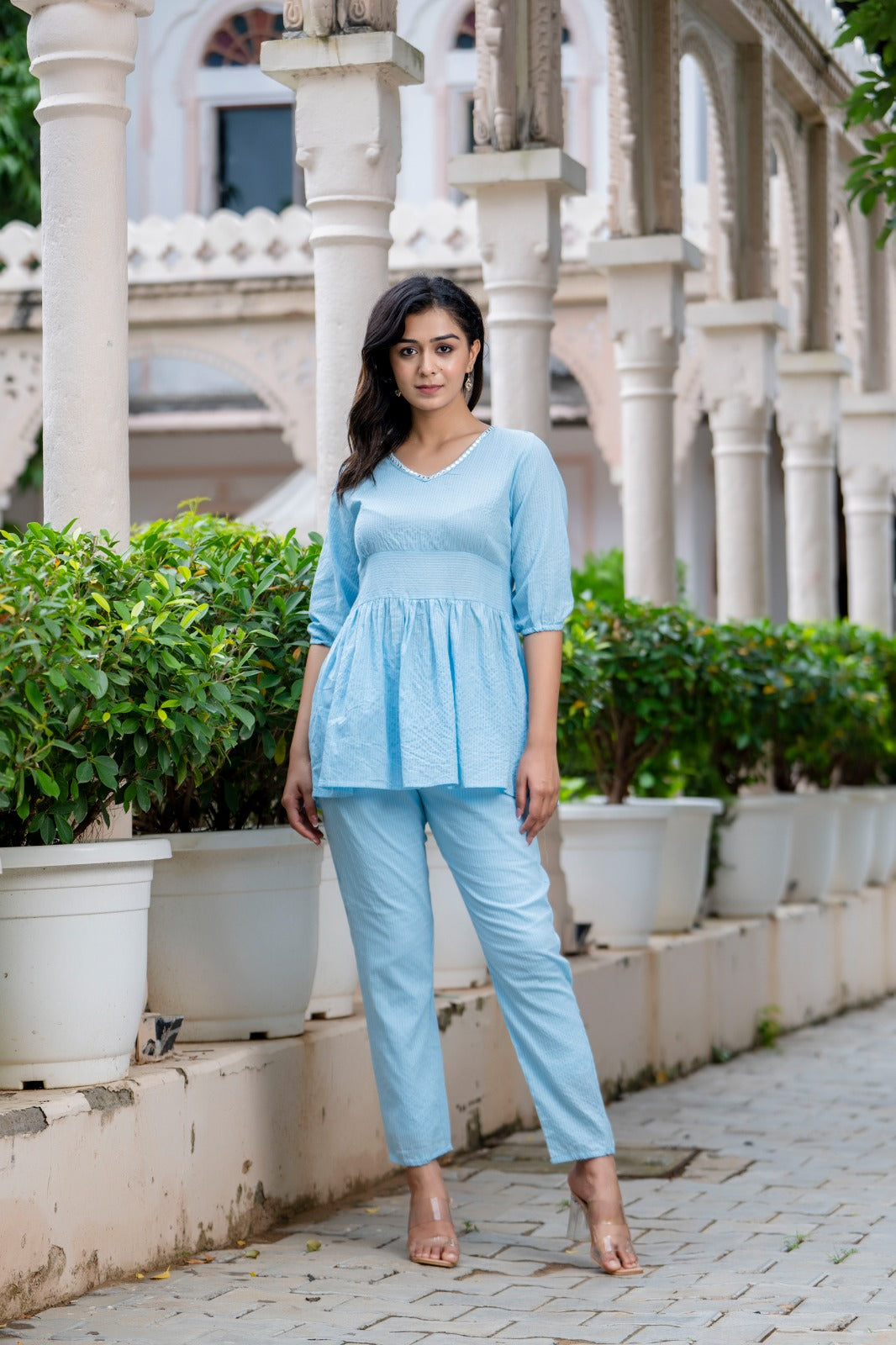 Sky Blue Striped Co-Ord Set with Peplum Top and Pants