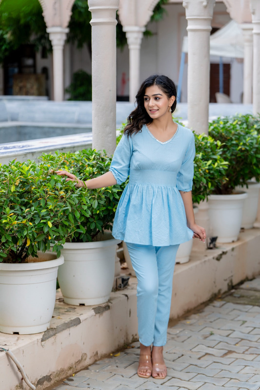 Sky Blue Striped Co-Ord Set with Peplum Top and Pants