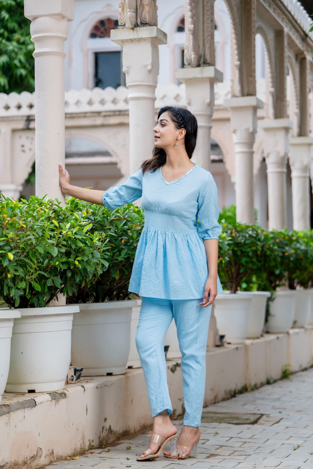 Sky Blue Striped Co-Ord Set with Peplum Top and Pants