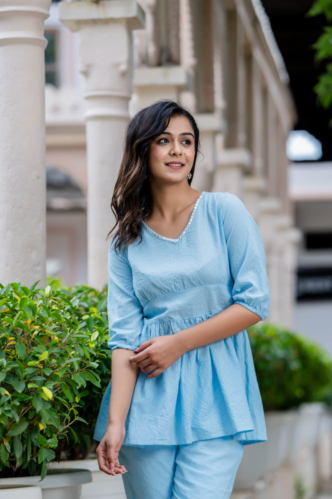 Sky Blue Striped Co-Ord Set with Peplum Top and Pants