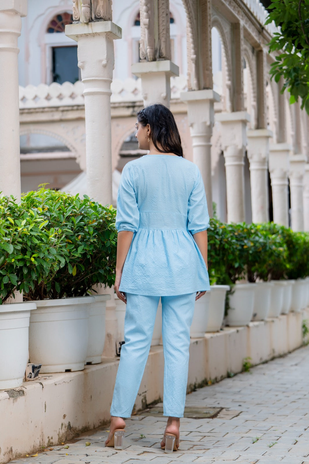 Sky Blue Striped Co-Ord Set with Peplum Top and Pants