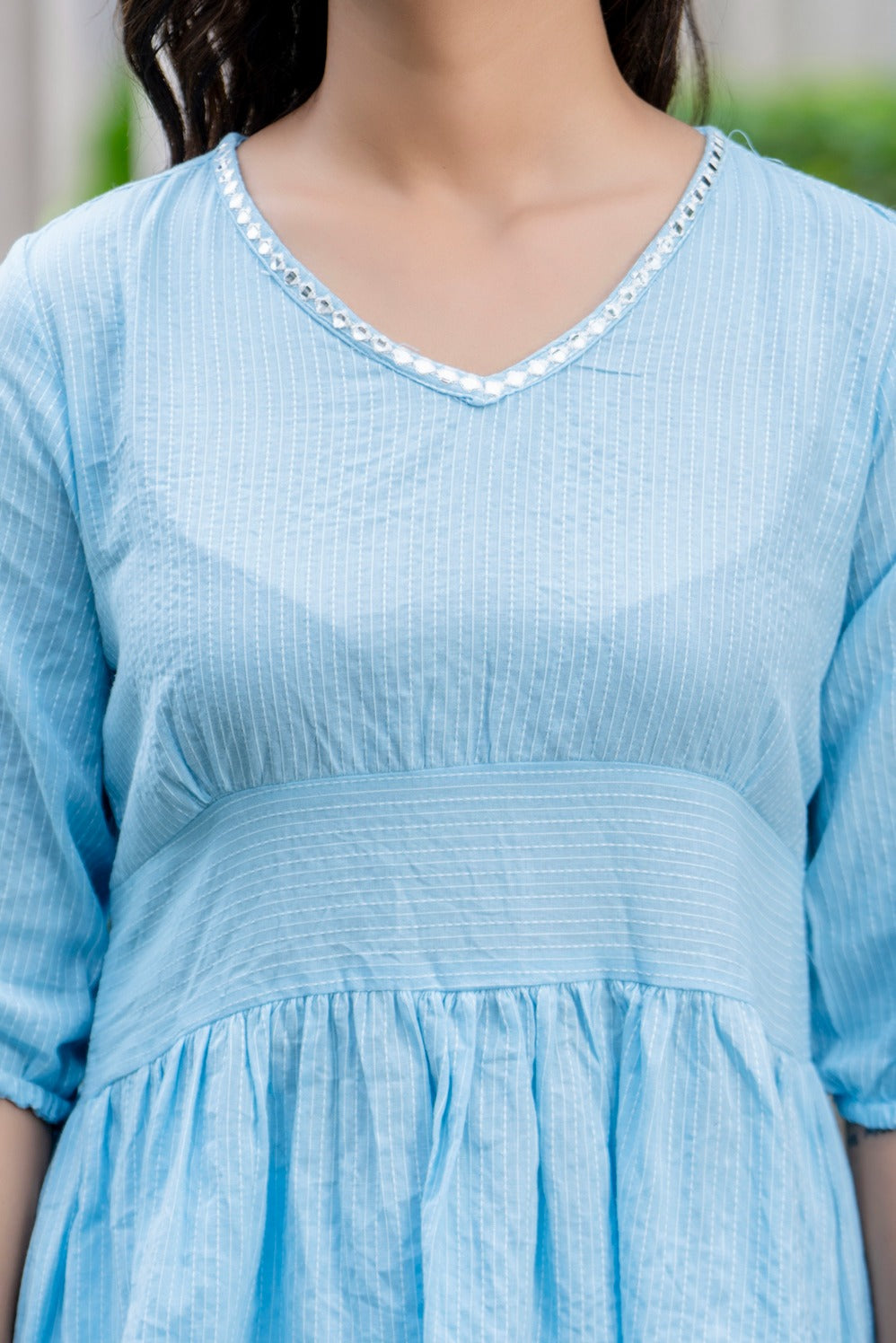 Sky Blue Striped Co-Ord Set with Peplum Top and Pants