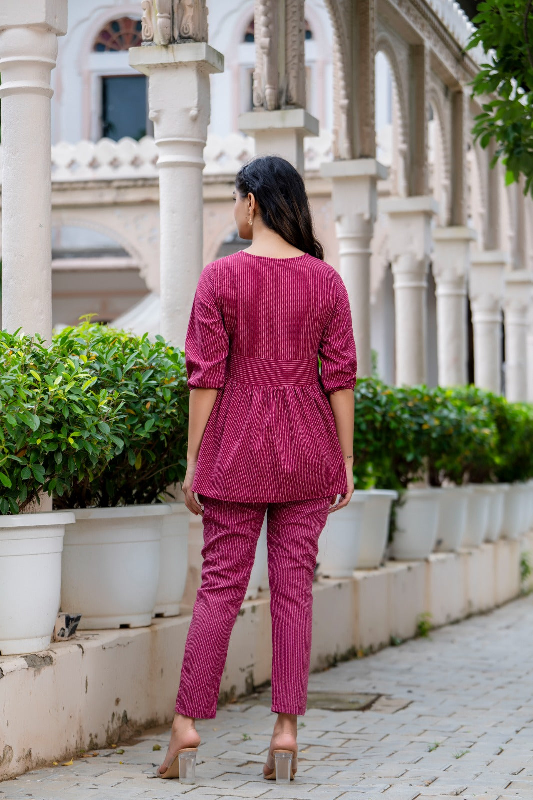 Maroon Striped Co-Ord Set with Peplum Top and Pants