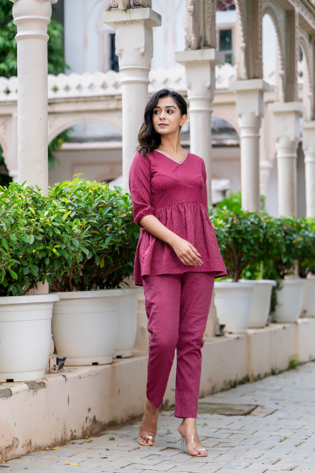 Maroon Striped Co-Ord Set with Peplum Top and Pants