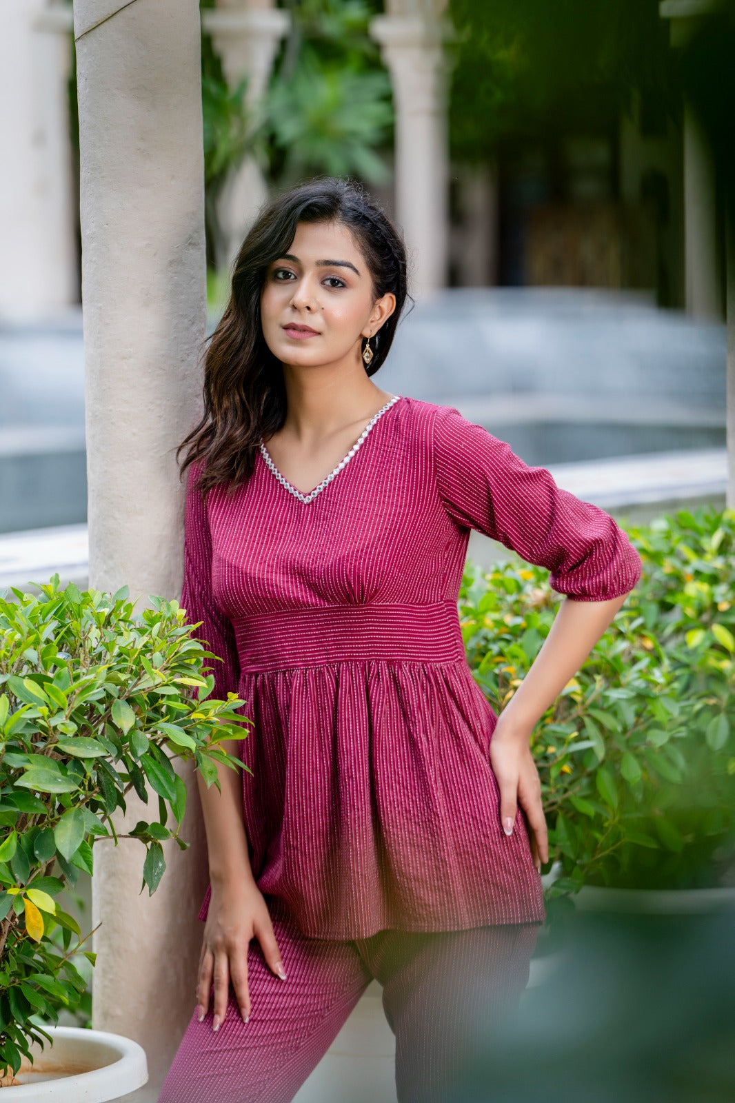 Maroon Striped Co-Ord Set with Peplum Top and Pants