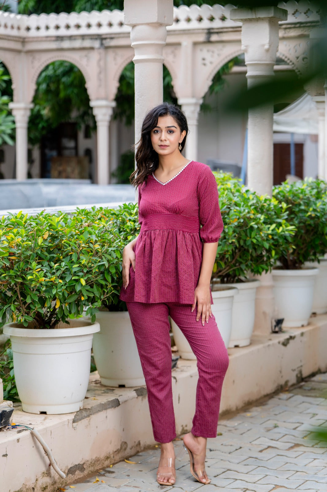 Maroon Striped Co-Ord Set with Peplum Top and Pants