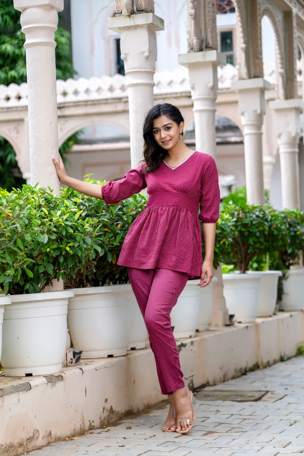 Maroon Striped Co-Ord Set with Peplum Top and Pants