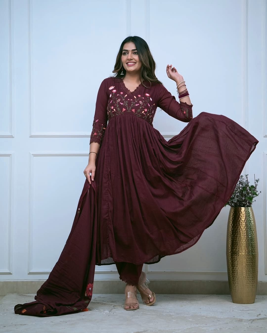 Maroon Elegant Embroidered Kurta Set with Floral Dupatta