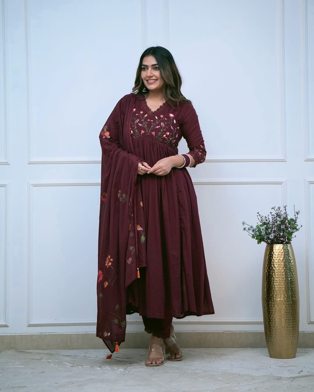 Maroon Elegant Embroidered Kurta Set with Floral Dupatta