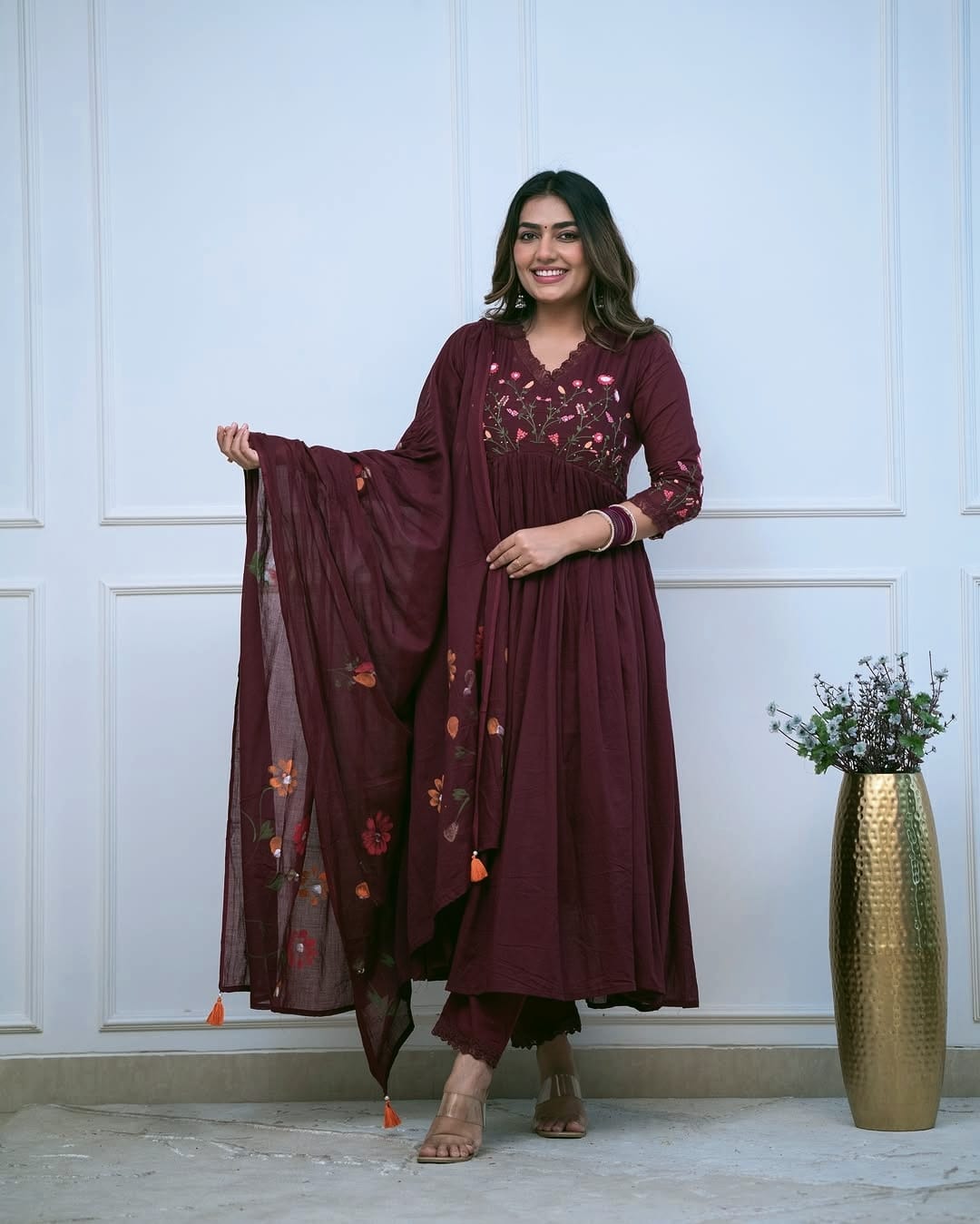 Maroon Elegant Embroidered Kurta Set with Floral Dupatta