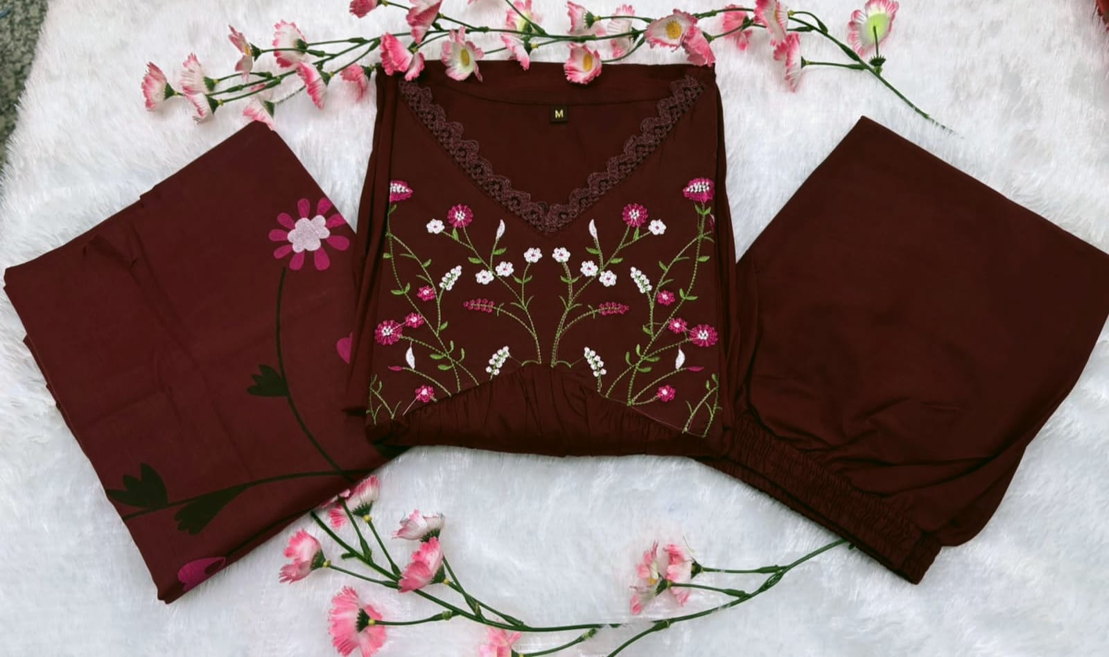 Maroon Elegant Embroidered Kurta Set with Floral Dupatta