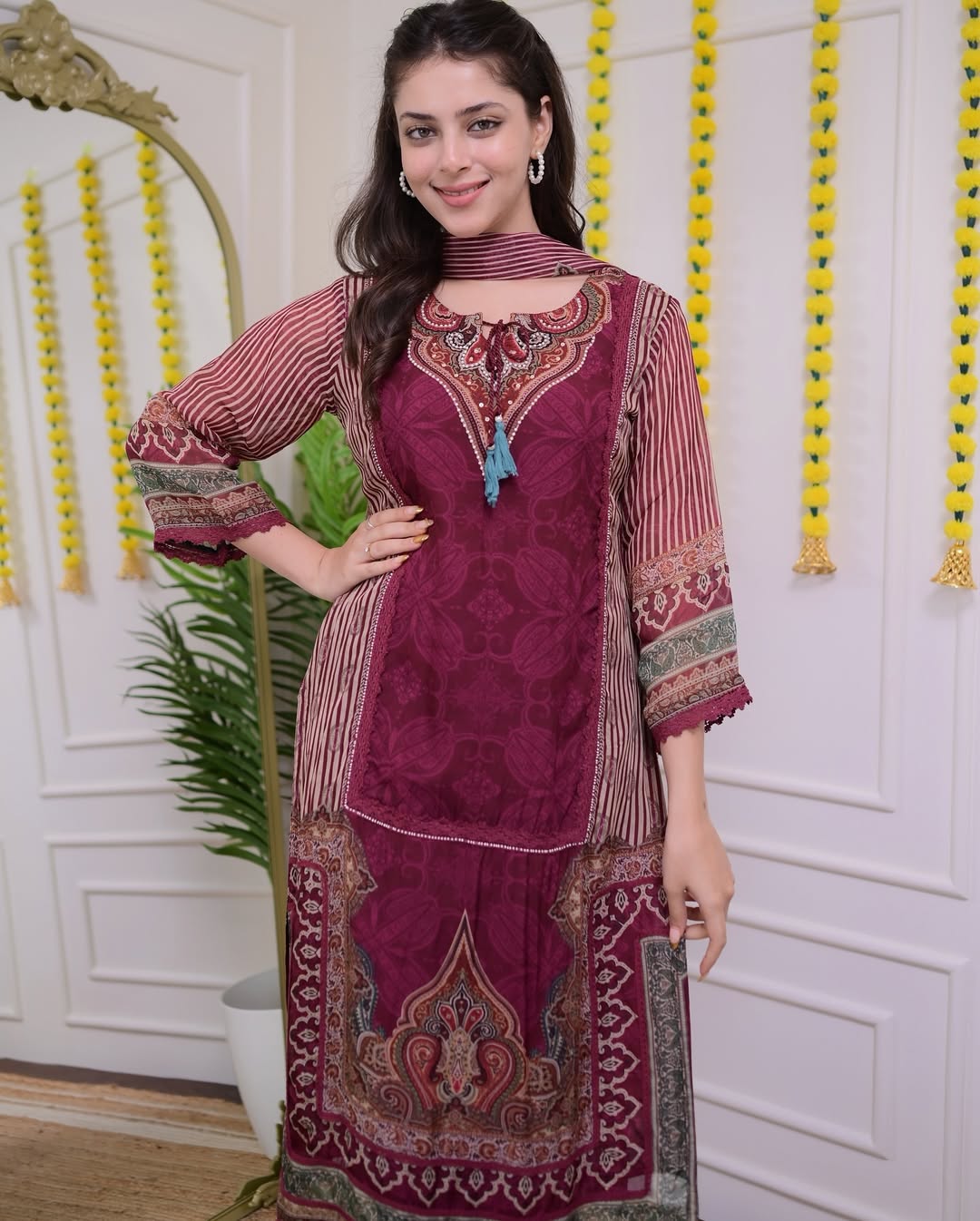 Maroon Pakistani Suit with Digital Print and Hand Embroidery