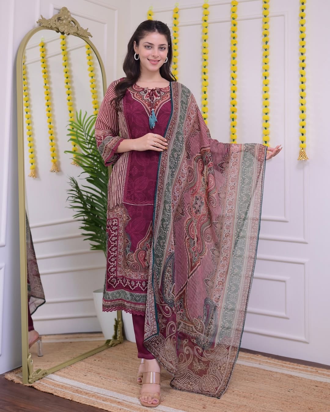 Maroon Pakistani Suit with Digital Print and Hand Embroidery