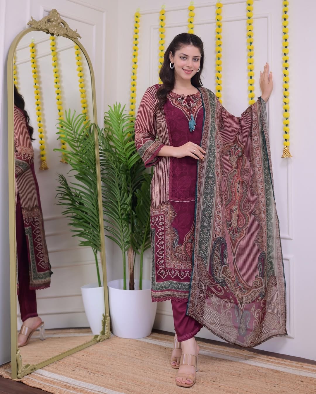 Maroon Pakistani Suit with Digital Print and Hand Embroidery