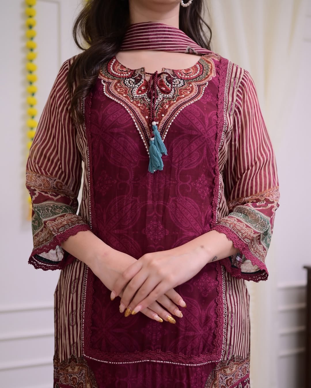 Maroon Pakistani Suit with Digital Print and Hand Embroidery