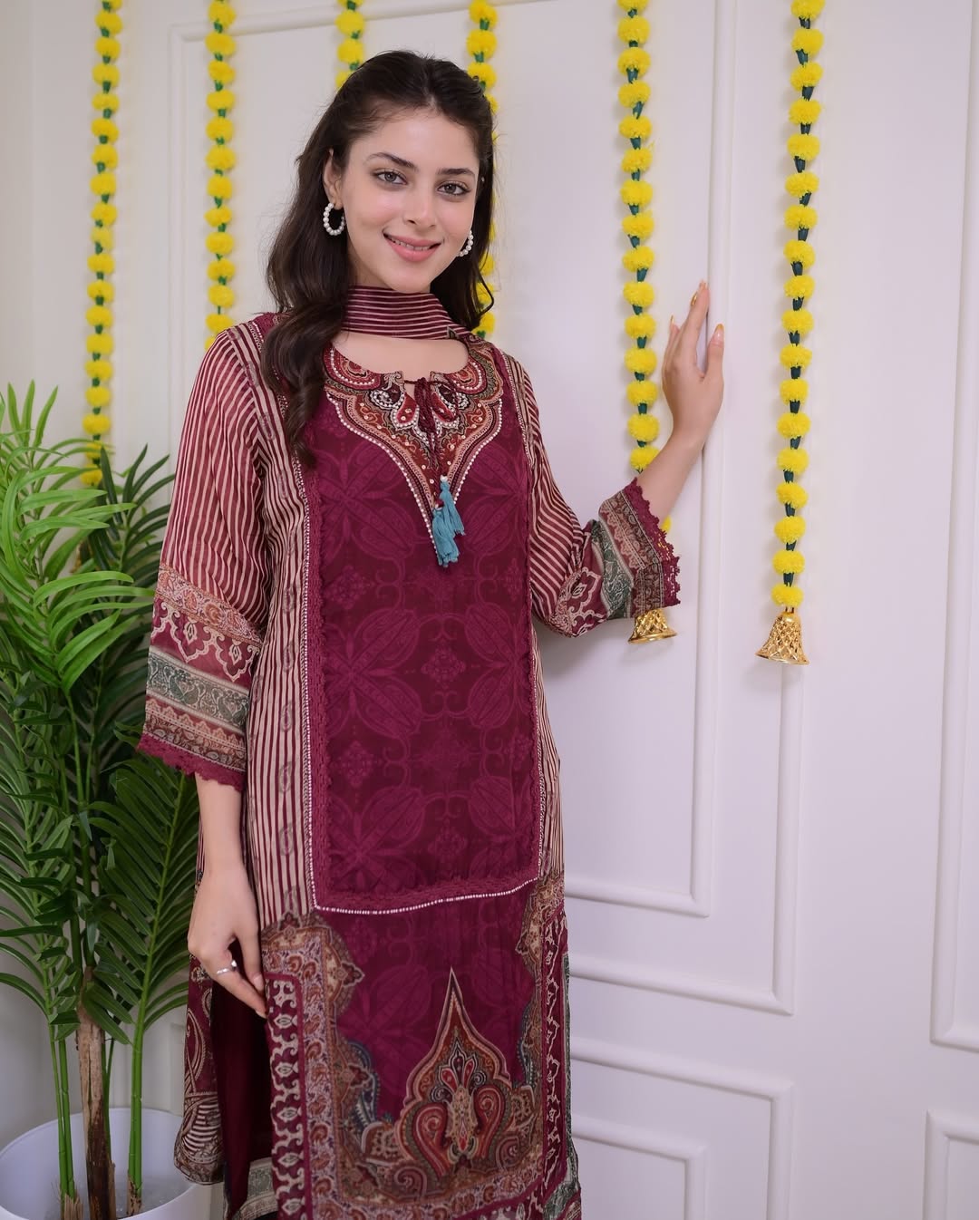 Maroon Pakistani Suit with Digital Print and Hand Embroidery