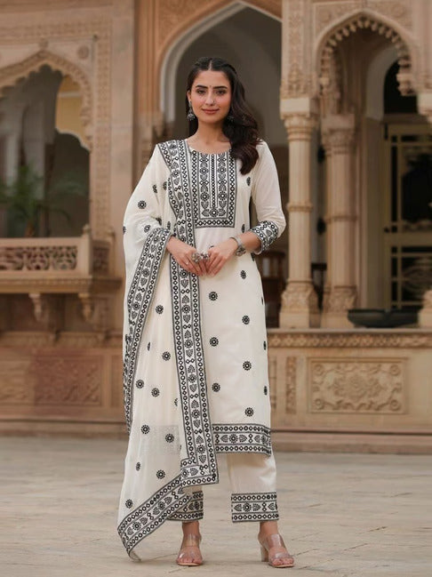 White-black cotton embroidered suit set