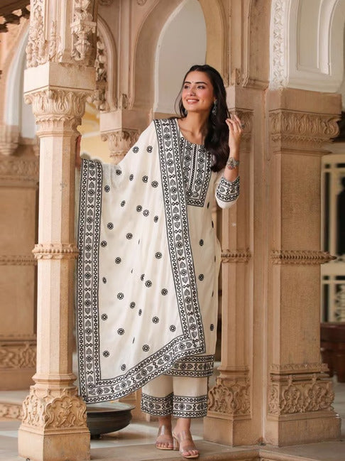 White-black cotton embroidered suit set